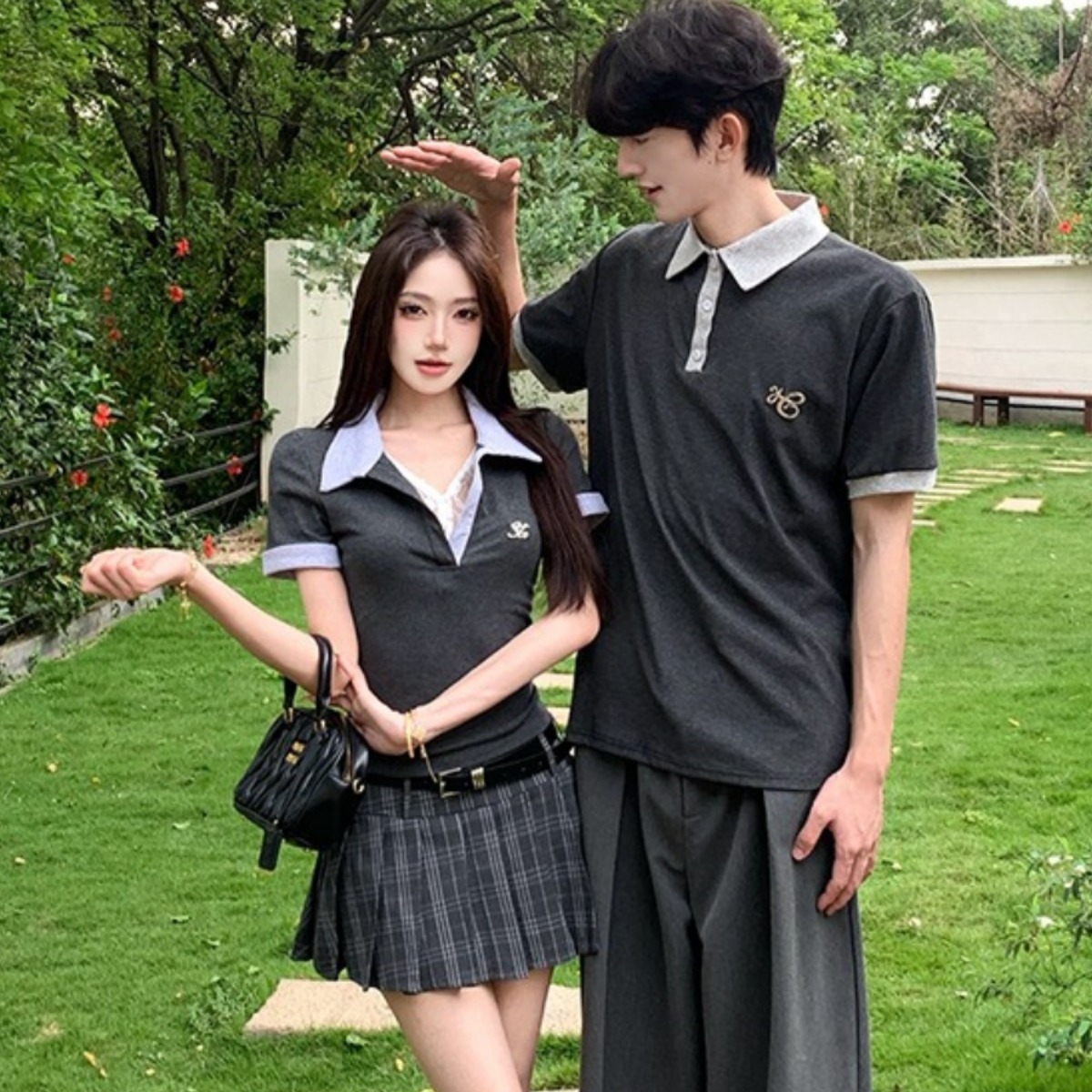 カップルペアルック クラシックグレー バイカラーポロトップス